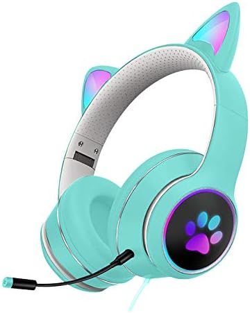 אוזניות גיימינג מאושרות מתקפלות אוזן חתול אוזניות קוויות זוהרות עם מיקרופון ונורית לד, תואמות למחשב, פס 4