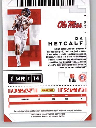 2020 מתמודדים של פאניני כרטיס טיוטת עונה מס '37 DK Metcalf Ole Miss Rebels כרטיס מסחר בכדורגל