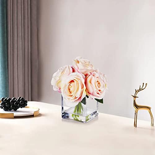 Enova Floral 7 גבעולים גדולים ורדים משי מלאכותיים סידור פרחים מזויפים באגרטל זכוכית קובייה עם מים פו לקישוט חתונה למשרד